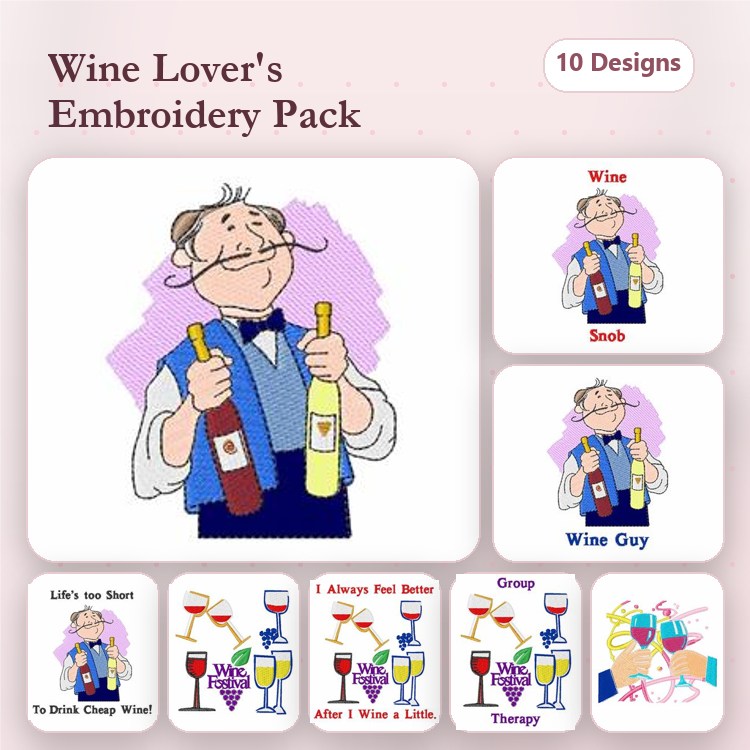 Wine Humor Embroidery Designs Bundle – Wine Snob, Let's Just Short to Drink Cheap Wine, & Group Therapy (10 Designs)