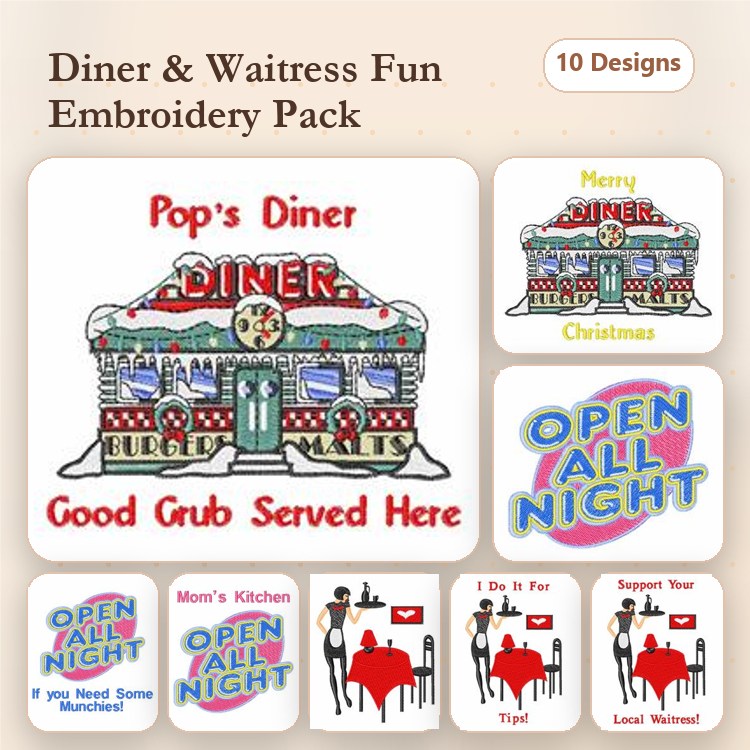 Diner & Waitress Embroidery Designs Bundle – Pop's Diner, Good Grub Served Here, Local Waitress Sign & More (10 Designs)