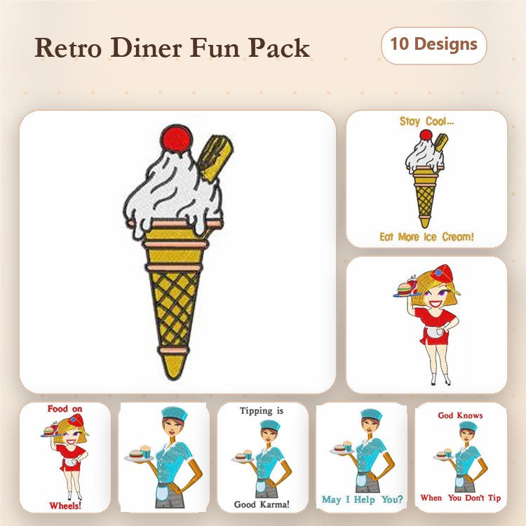 Retro Diner Embroidery Designs Bundle – Ice Cream Cone, Waitress with Tray, Stay Cool... & More (10 Designs)
