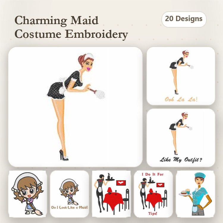 Charming Maid Embroidery Designs Bundle – Charming Maid with Tray, Do I Look Like a Maid?, Maid with Chef Hat & More (20 Designs)