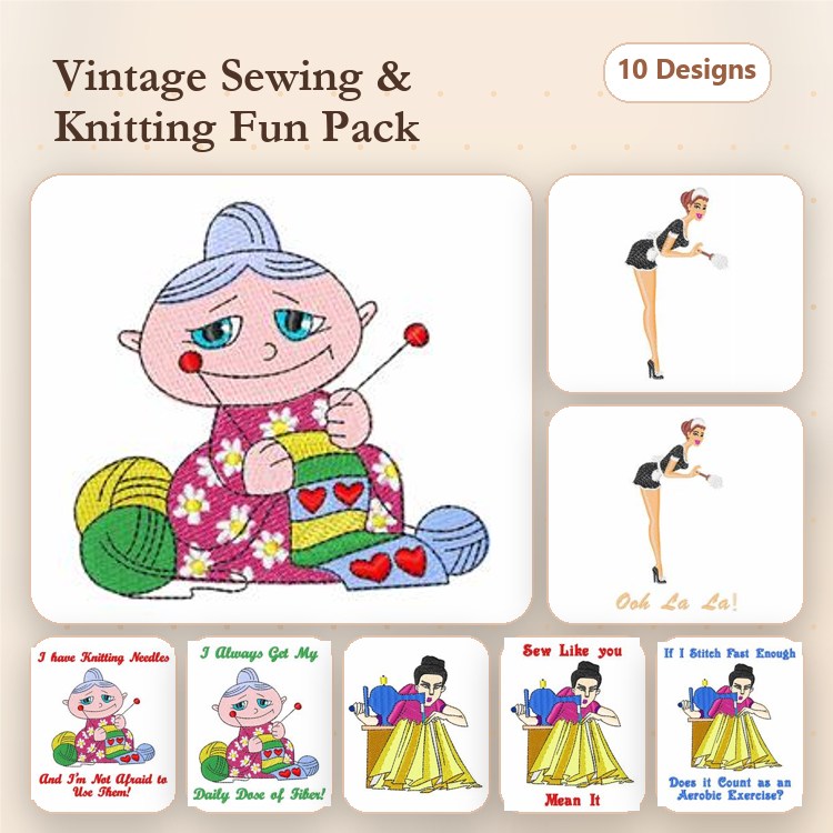 Vintage Sewing & Knitting Embroidery Designs Bundle – Knitting Grandma, Sew Like You Mean It, & More (10 Designs)