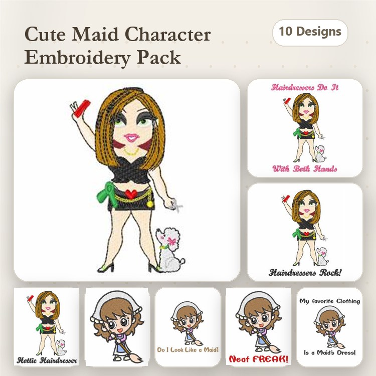 French Maid & Hairdresser Embroidery Bundle – Fun Designs (10 Designs)