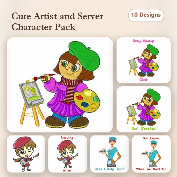 Cute Artist & Server Characters Embroidery Designs Bundle – Artist with Palette, Server with Tray, Chef with Food & More (10 Designs)