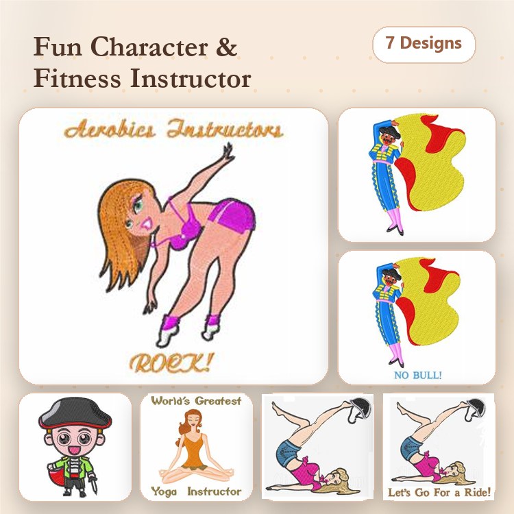 Fitness Fun Characters Embroidery Designs Bundle – Aerobics Instructor, Yoga Instructor, Exercise Motivator & More (7 Designs)