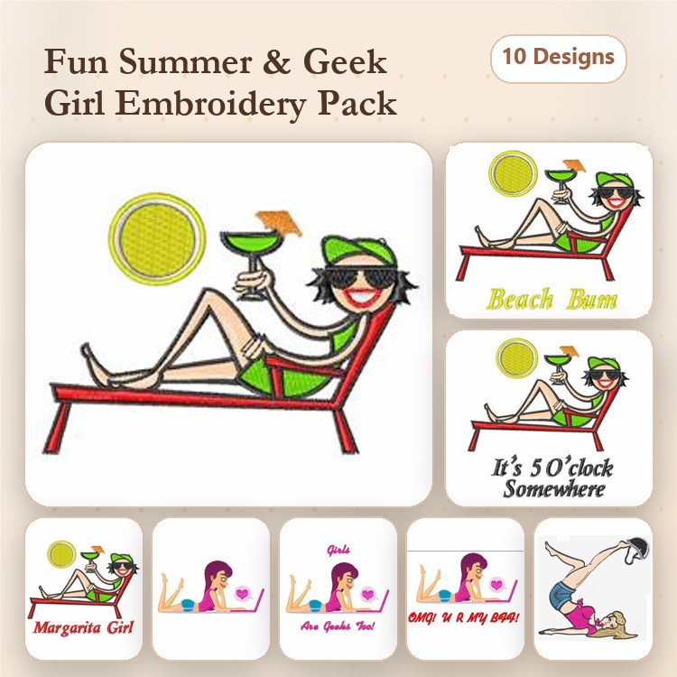 Summer & Geek Girl Embroidery Designs Bundle – Beach Bum, Margarita Girl, Sassy Girl with Drink & More (10 Designs)