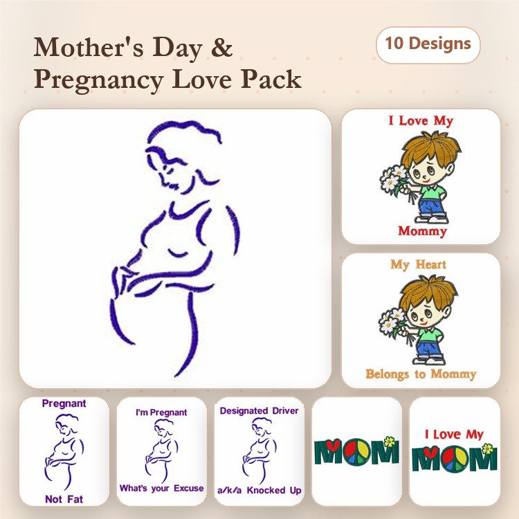 Mother's Day & Pregnancy Embroidery Designs Bundle – I Love My Mommy, Pregnant, Mommy Cartoon & More (10 Designs)