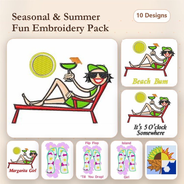 Seasonal Summer Themes Embroidery Designs Bundle – Beach Bum, Margarita Girl, Island Girl & More (10 Designs)