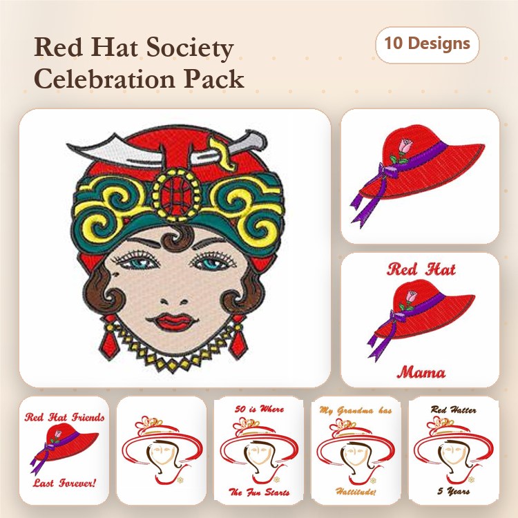 Red Hat Society Embroidery Designs Bundle – Red Hat Lady, Red Hat Mama, Red Hat Friends & More (10 Designs)