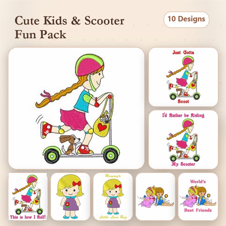 Kids and Scooters Embroidery Designs Bundle – Girl on Scooter, Just Guts, I'd Rather be Riding & More (10 Designs)