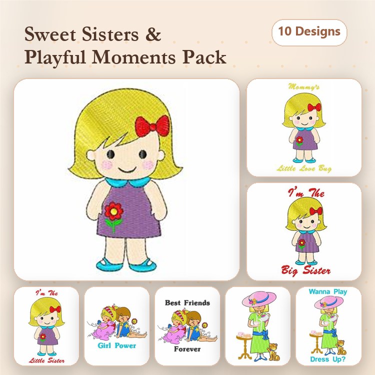 Sisterhood & Playfulness Embroidery Designs Bundle – Little Love Bug, Best Friends Forever, Wanna Play & More (10 Designs)