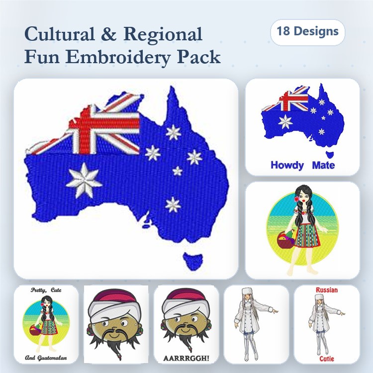 Cultural and Regional Australia Embroidery Designs Bundle – Australia Map with Flag, Howdy Mate, Aussie Santa & More (18 Designs)