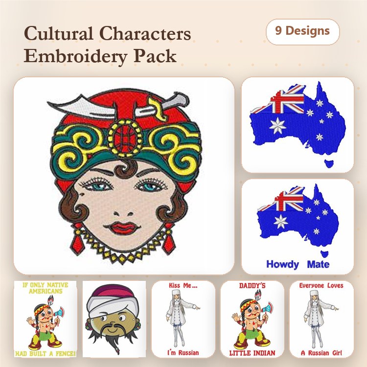 Cultural Characters Embroidery Designs Bundle – Cultural Character with Headscarf, Pirate Character, Aussie Girl & More (9 Designs)