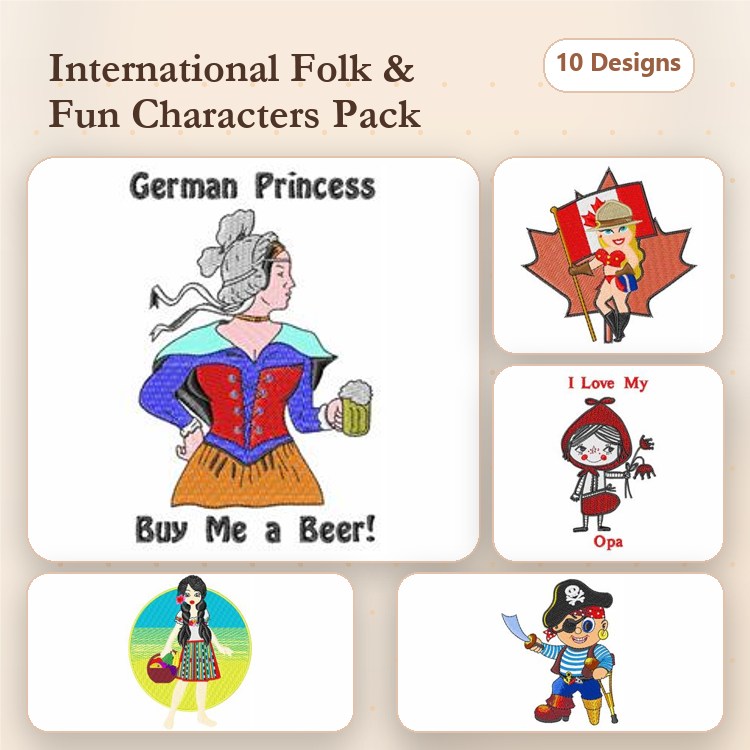 Folk Characters Embroidery Designs Bundle – German Princess, Maple Leaf Girl, Little Red Riding Hood & More (10 Designs)