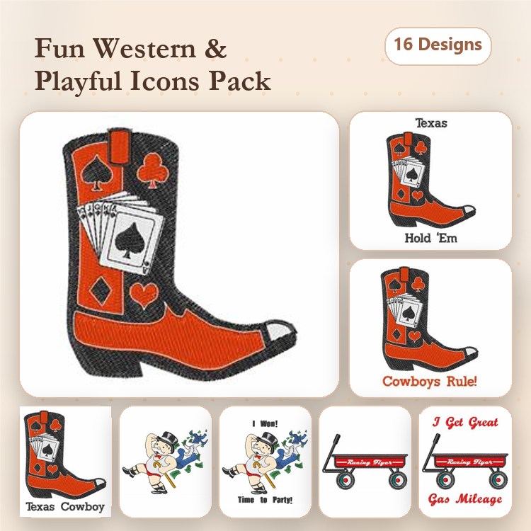 Western Theme Icons Embroidery Designs Bundle – Texas Cowboy Boot, Cowboys Rule, I Get Great Gas Mileage & More (16 Designs)