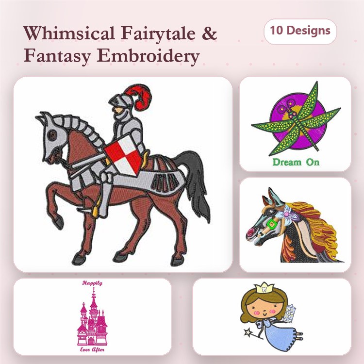 Knight, Unicorn & Fairy Tale Castle Embroidery Designs Bundle – Dreamcatcher, Princess & More (10 Designs)