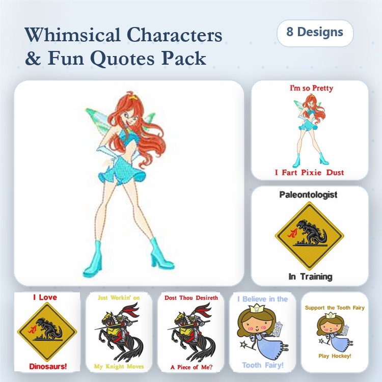 Fairy Character & Dinosaur Quotes Embroidery Designs Bundle – I’m Pretty, I Fart Pixie Dust & More (8 Designs)