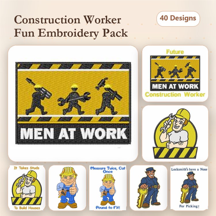 Construction Worker Embroidery Designs Bundle – MEN AT WORK Sign, Future Construction Worker, Proud to Be a Builder & More (40 Designs)