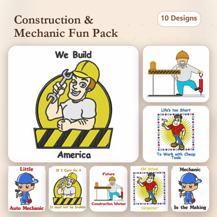 Construction & Mechanic Embroidery Designs Bundle – We Build America, Life's Too Short To Work with Cheap Tools, & More (10 Designs)