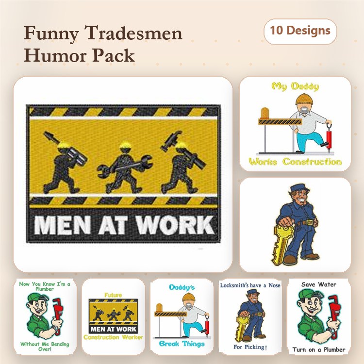 Funny Tradesmen at Work Embroidery Designs Bundle – Men at Work Sign, My Daddy Works Construction, & More (10 Designs)