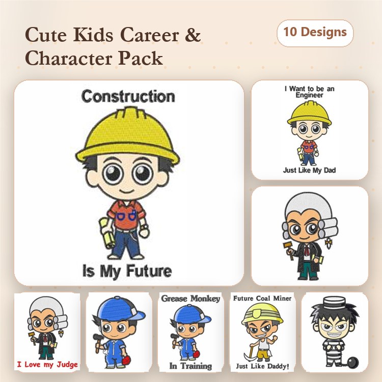 Kids Career Characters Embroidery Designs Bundle – Engineer, Firefighter, Doctor, Nurse & More (10 Designs)