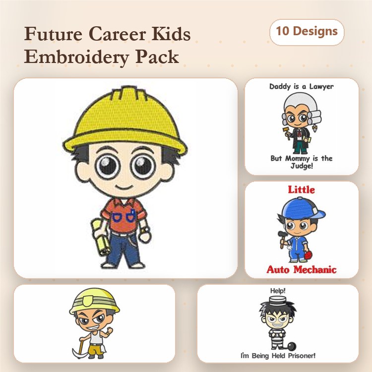 Career-themed Children Embroidery Designs Bundle – Builder Kid, Judge Kid, Auto Mechanic Kid & More (10 Designs)