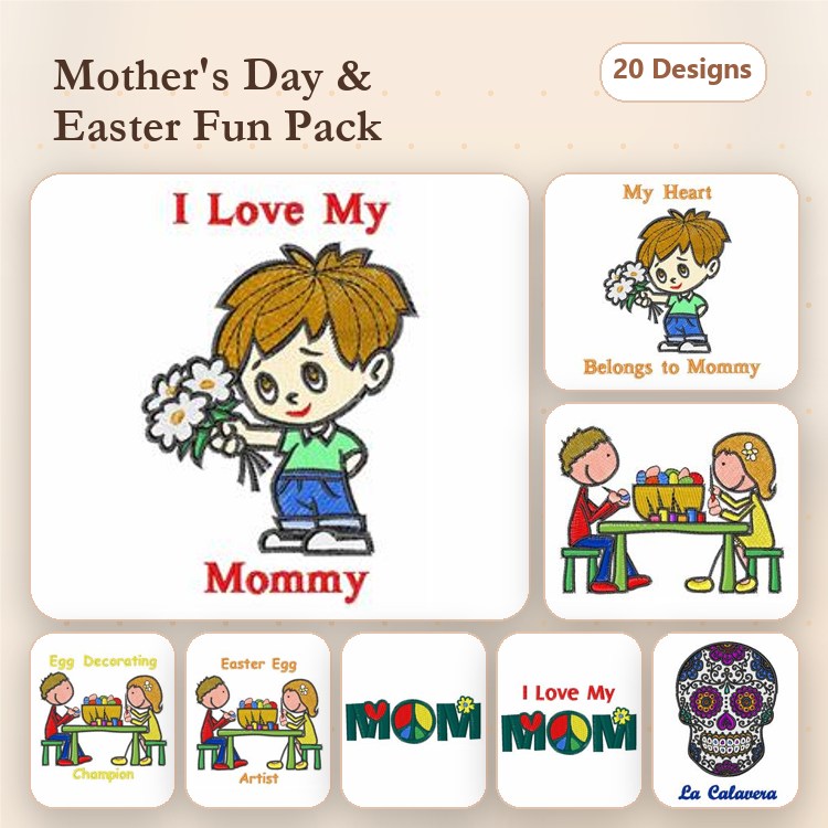 Mother's Day & Easter Embroidery Bundle – Child with Flowers, Easter Egg, I Love My Mommy & More (20 Designs)