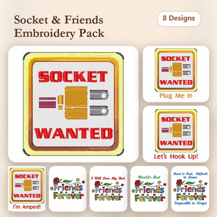 Socket-Themed Embroidery Designs Bundle – Socket Wanted, Plug Me In, Let's Hook Up! & More (8 Designs)