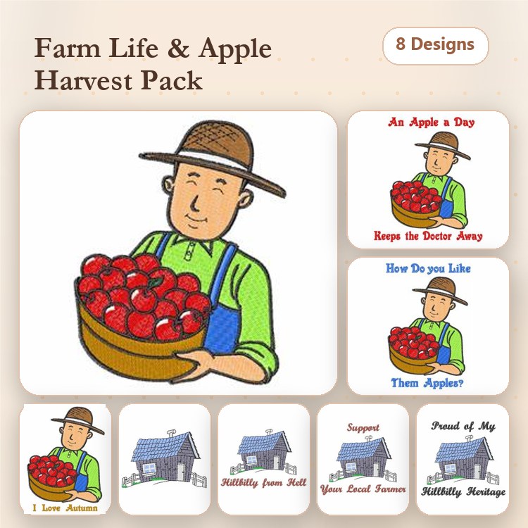 Farm Life and Apple Harvest Embroidery Designs Bundle – Man with Apple Basket, Proud of My Harvest, & More (8 Designs)
