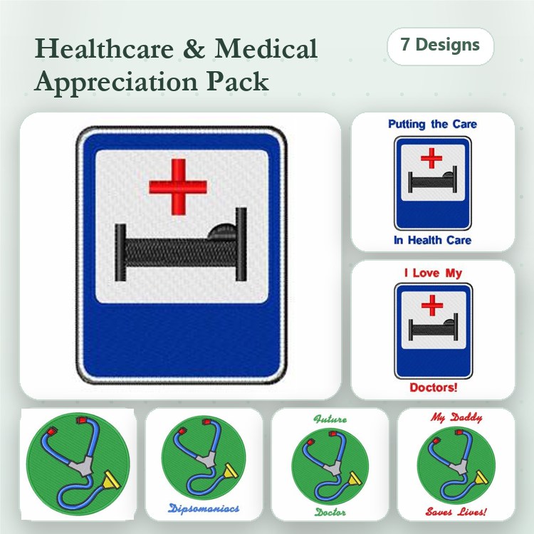 Healthcare and Medical Embroidery Designs Bundle – Healthcare Bed Icon, Stethoscope with Heart, Doctor's Stethoscope & More (7 Designs)