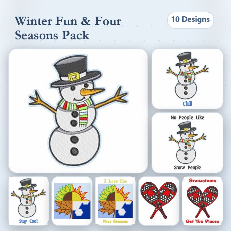 Winter Embroidery Designs Bundle – Snowman with Hat, Hearts with Snowflakes & More (10 Designs)