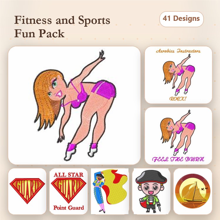 Fitness & Sports Themed Embroidery Designs Bundle – Dancer in Pink, Fitness Girl, Superhero Shield & More (41 Designs)