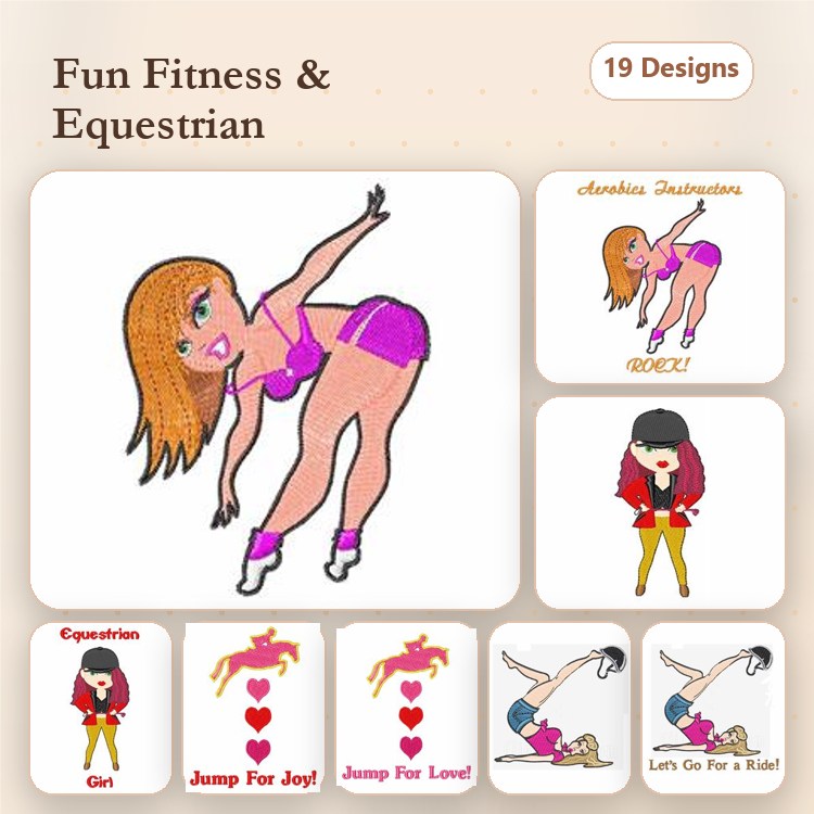 Fitness and Equestrian Embroidery Designs Bundle – Fitness Girl, Jump for Joy, Equestrian Girl & More (19 Designs)