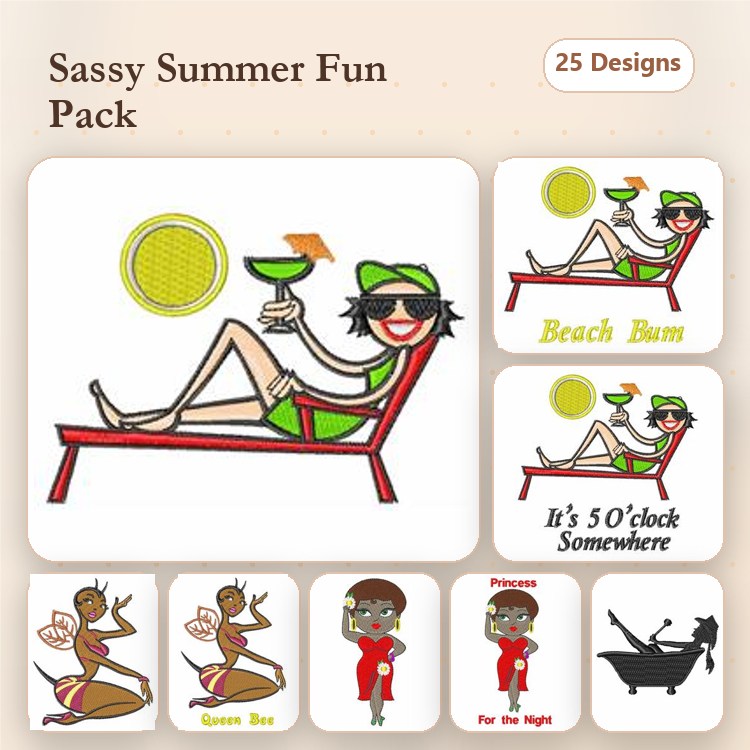 Sassy Summer Themes Embroidery Designs Bundle – Beach Bum, Queen Bee, It's 5 O'clock Somewhere & More (25 Designs)