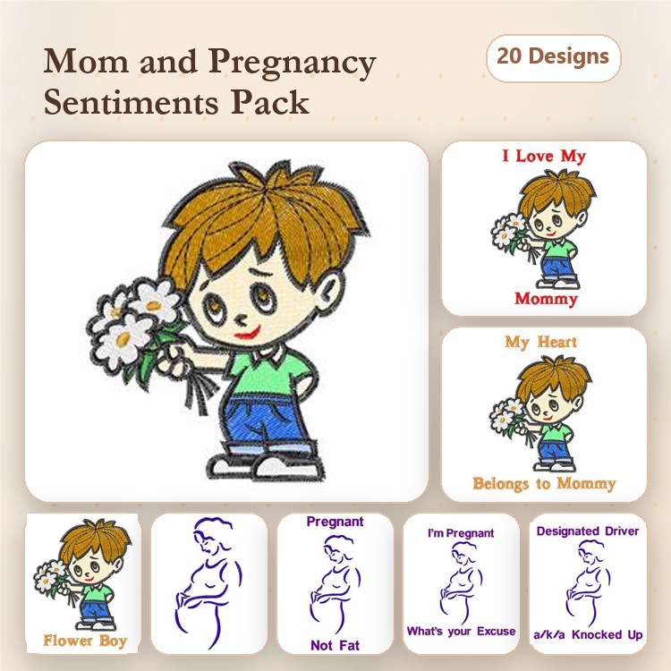 Mom & Pregnancy Sentiments Embroidery Designs Bundle – I Love My Mommy, I'm Pregnant, Flower Boy & More (20 Designs)