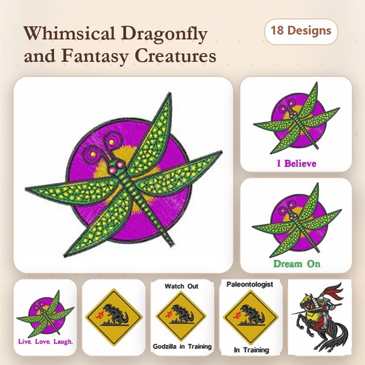 Fantasy Creatures Embroidery Bundle – Whimsical Dragonfly, Godzilla in Training, Dream On & More (18 Designs)