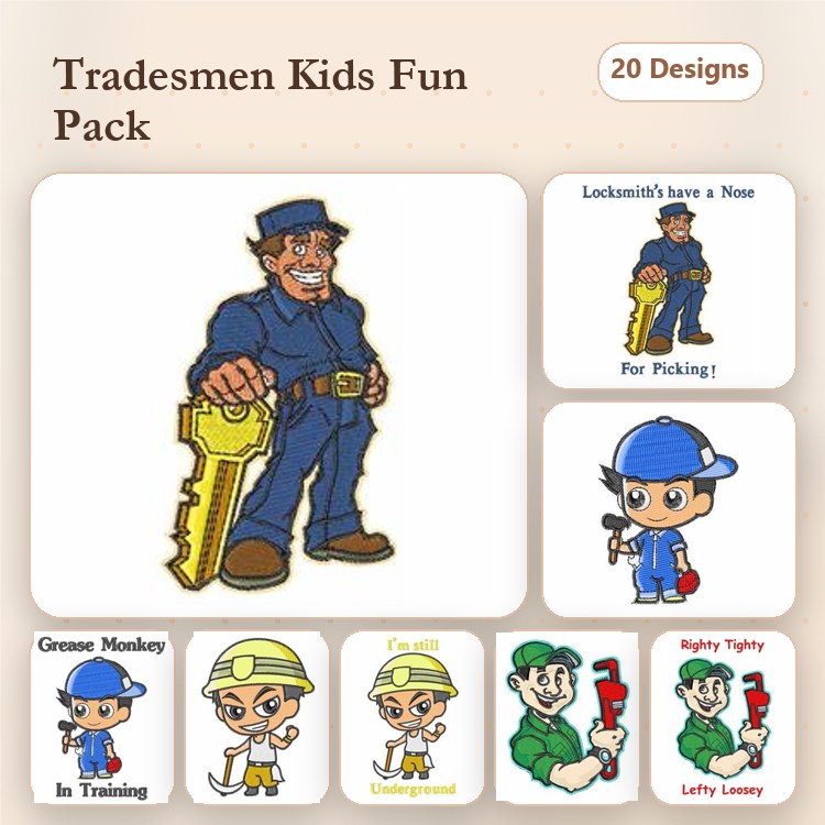 Trademen Themes for Kids Embroidery Designs Bundle – Locksmith with a Key, Grease Monkey, Carpenter & More (20 Designs)