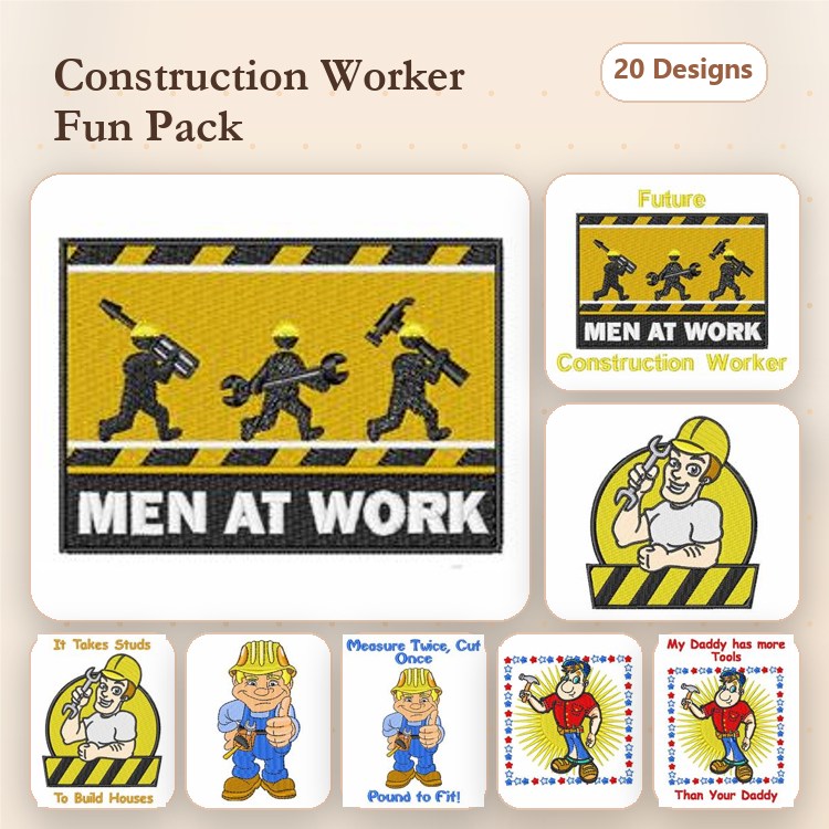 Construction Worker Themes Embroidery Designs Bundle – Construction Worker, Men at Work Sign, Future Construction Worker & More (20 Designs)