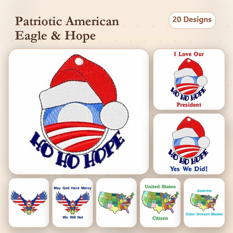Patriotic American Eagle & Hope Embroidery Designs Bundle – HO HO HO Hope, I Love Our President, Eagle with Banner & More (20 Designs)