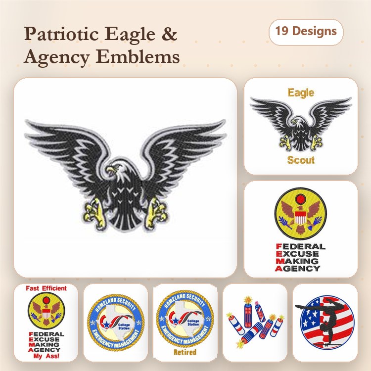 Patriotic Eagle & Agency Emblems Embroidery Bundle – Eagle Scout, Federal Agency, USA Flag & More (19 Designs)