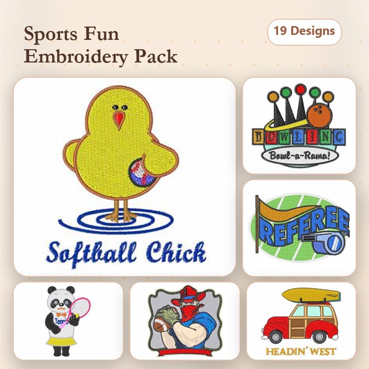 Sports Themed Embroidery Designs Bundle – Softball Chick, Bowling Pins, Referee & More (19 Designs)
