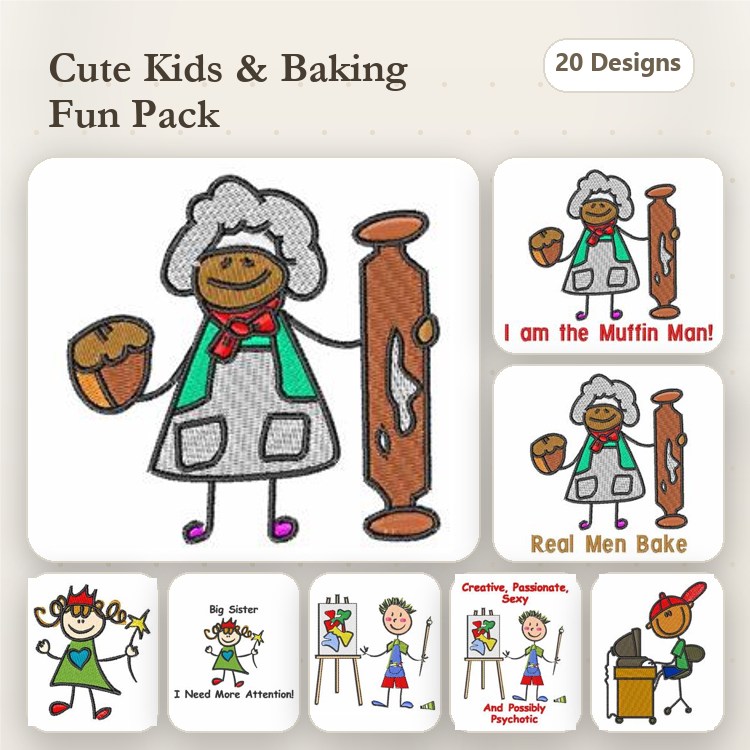 Children Baking Embroidery Designs Bundle – Muffin Man, Baking Girl with Rolling Pin, Chef with Cake & More (20 Designs)