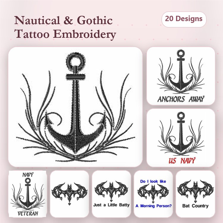 Nautical & Gothic Anchor Embroidery Designs Bundle – Anchor with Seaweed, US Navy Text, Bat Design & More (20 Designs)