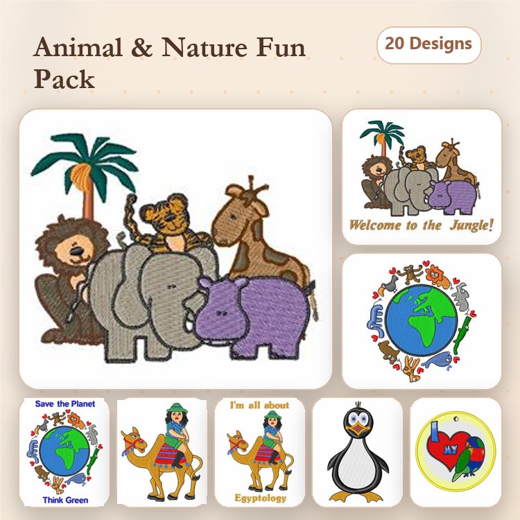 Animal and Nature Themes Embroidery Designs Bundle – Lion, Elephant, Giraffe & More (20 Designs)
