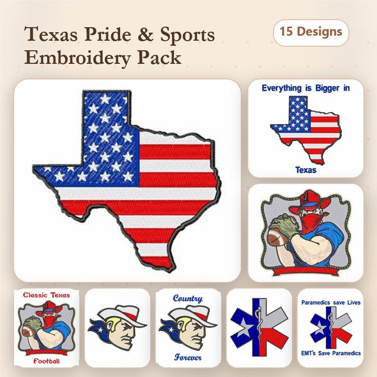 Texas State & Sports Embroidery Designs Bundle – Texas Outline, Proud Texan, Longhorn & More (15 Designs)