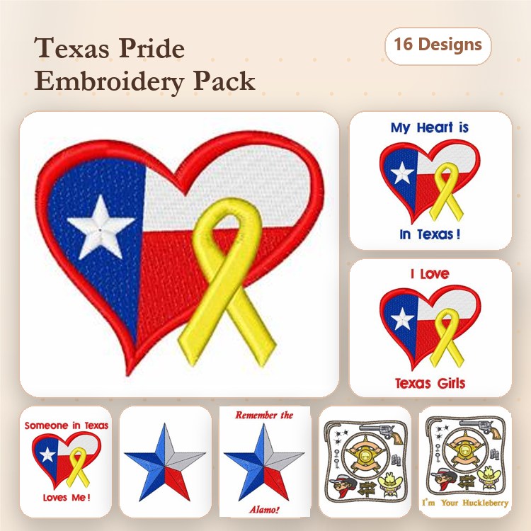 Texas Pride Embroidery Designs Bundle – Texas Heart, My Heart is in Texas, Remember the Alamo & More (16 Designs)