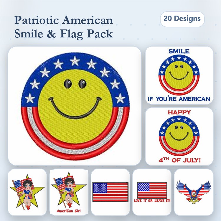 Patriotic Smiley Faces & Flags Embroidery Designs Bundle – Smiley Face with Stars, Happy 4th of July, American Girl & More (20 Designs)