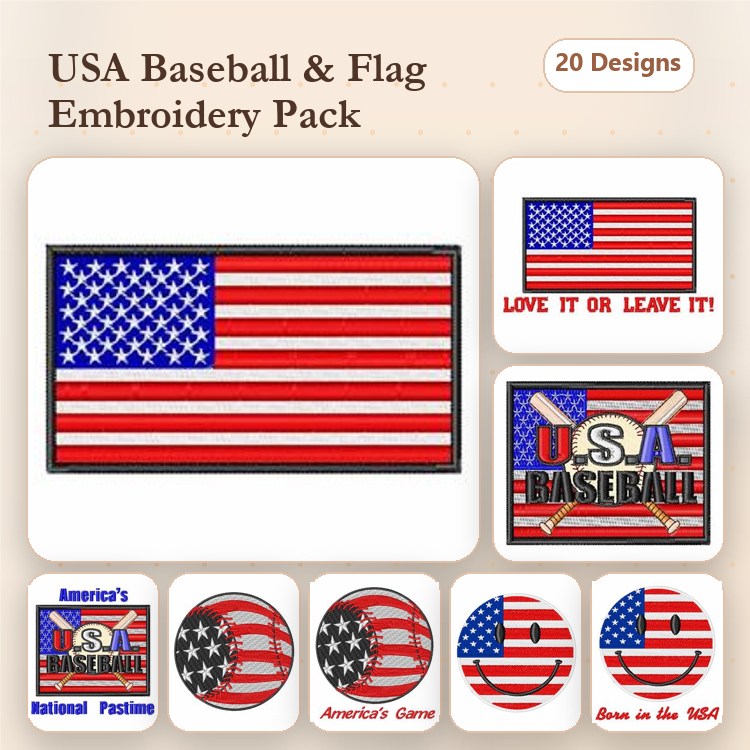 USA Baseball & Flag Embroidery Designs Bundle – American Flag, Patriotic Baseball, Love It or Leave It Text & More (20 Designs)