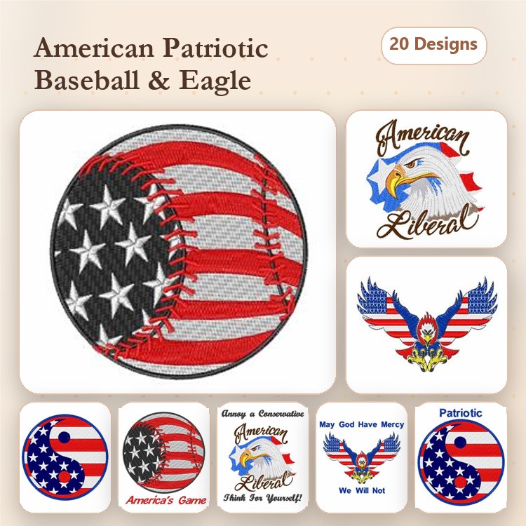 American Patriotic Baseball & Eagle Embroidery Bundle – Baseball with American Flag, Patriotic Eagle Design & More (20 Designs)