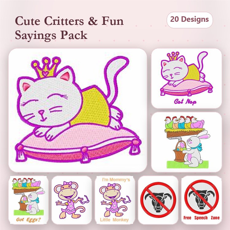 Cute Animals & Sayings Embroidery Designs Bundle – Sleeping Cat, Monkey, Egg Basket & More (20 Designs)