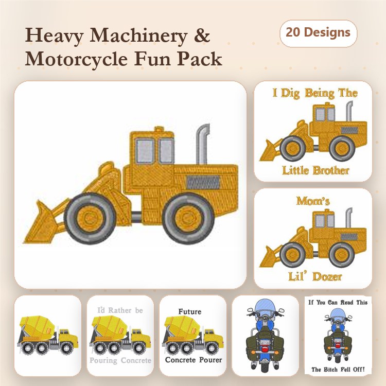 Heavy Machinery & Motorcycles Embroidery Designs Bundle – Bulldozer, Concrete Mixer Truck, Motorcycle with Rider & More (20 Designs)